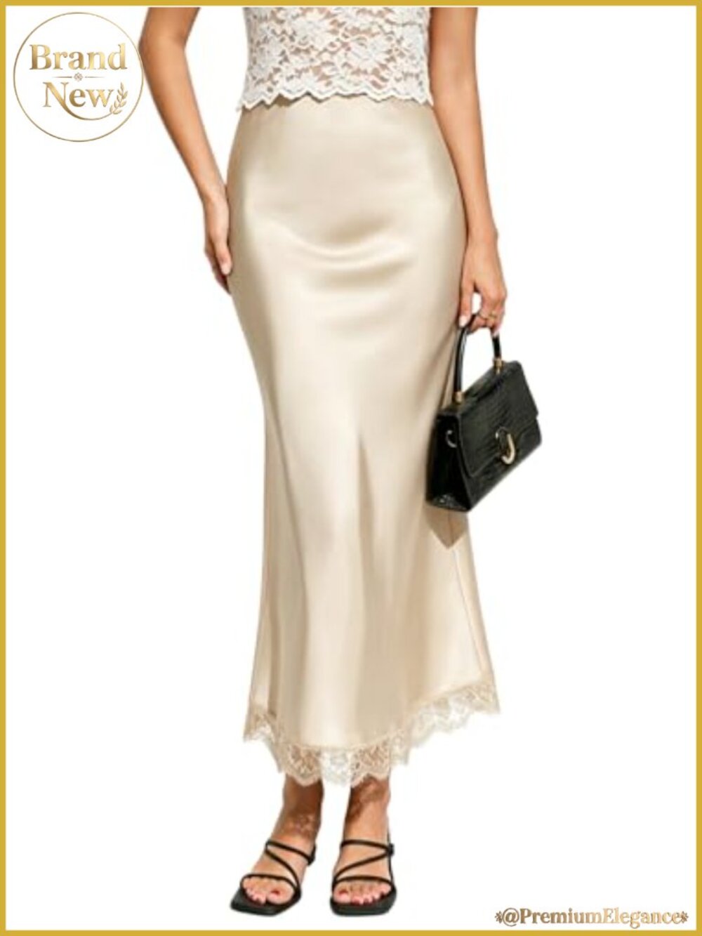 Elegant Satin Lace Hem Maxi Skirt High Waist A-Line Long Skirt